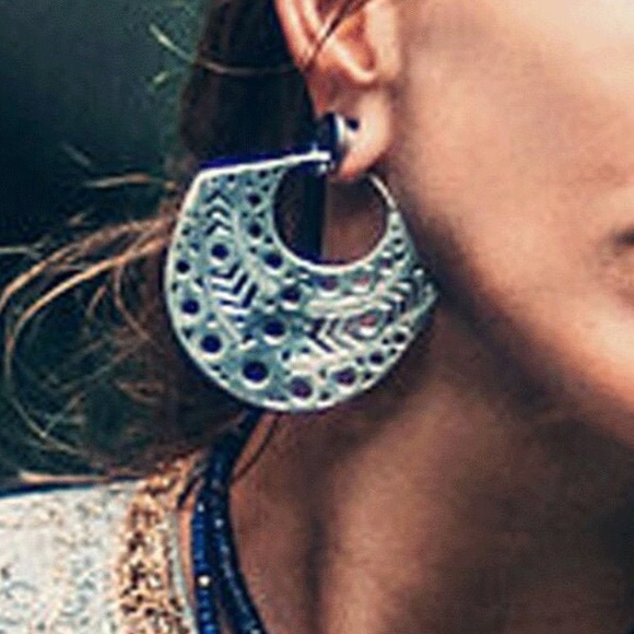 Silver Plated Huge Tribal Hoop Earrings - Picture 4 of 4